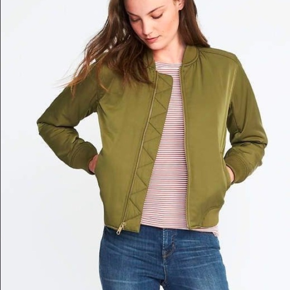 Brand-new olive green bomber jacket with tags